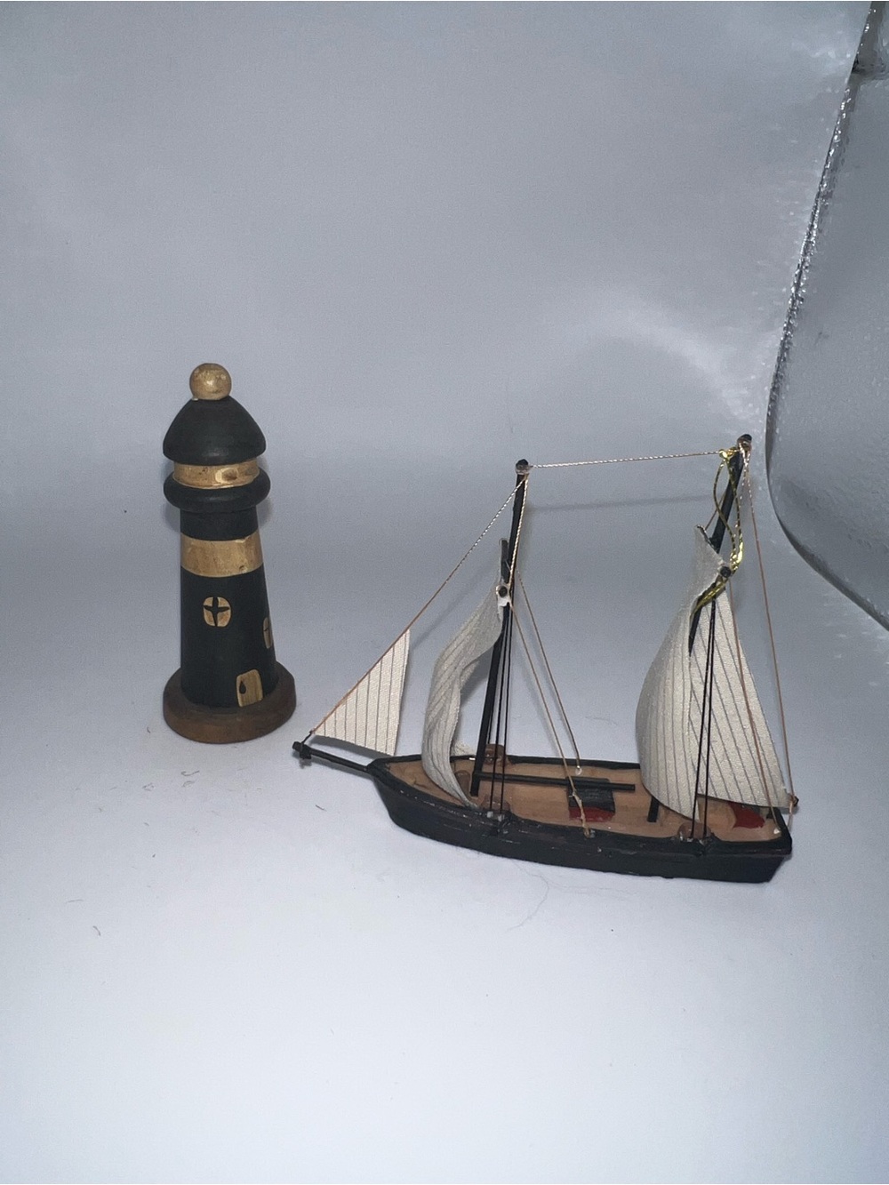 Miniature Nautical Wooden Sailboat and Lighthouse Set - Black and Cream